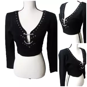 Vtg Black L Sleeve Crop Top Low V Laces up Sexy Cut out M Chains Gothic Y2k Vtg - Picture 1 of 9