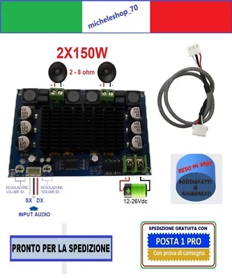 AMPLIFICATORE DIGITALE 2X150W 12-26Vdc MODULO XH-M569 TPA3116D2 2 chip  - Immagine 1 di 4