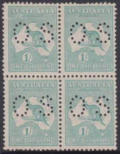 Stamps Australia 1/- green Kangaroo 3rd watermark die 2b perf OS block of 4 MUH - Imagen 1 de 2