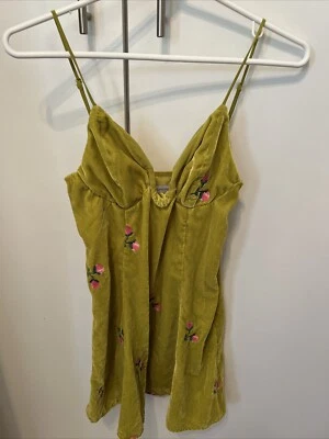 Urban Outfitters Short Velvet Dress Embroidered Flowers Green XS - Image 1 of 4