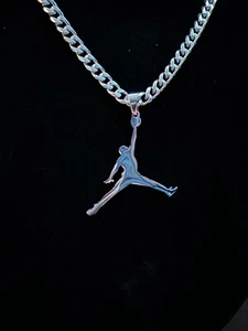 Jordan Jumpman Necklace - 5mm Cuban - 22" Chain Silver Plated - Michael Jordan - Picture 1 of 2
