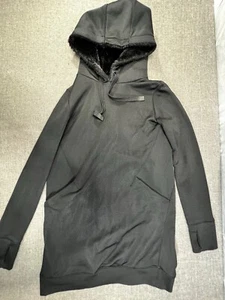 Athleta Triumph Luxe Shine Faux Fur Hoodie Sweatshirt Dress Black Small EUC - Picture 1 of 8
