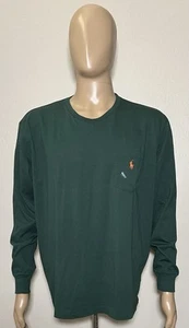 Polo Ralph Lauren Men Large Long Sleeve Cotton Shirt Green Pocket Orange Pony - Picture 1 of 7