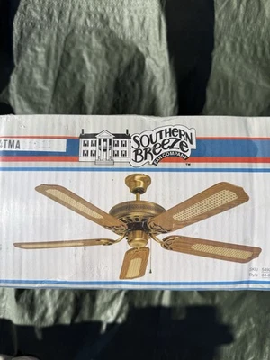 52” Antique Brass Ceiling Fan Oak Wicker Rattan 5 Blades Vintage NOS Duo-Mount - Image 1 of 4