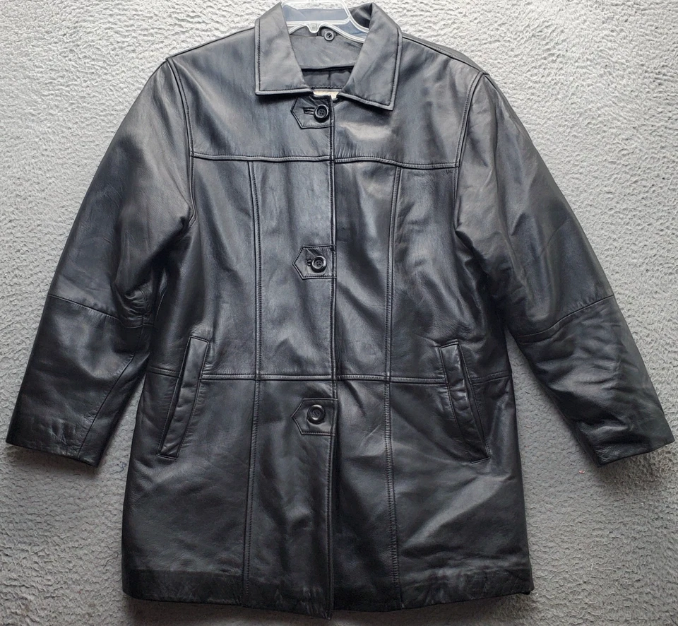 Jaqueta de couro macio Mark Reed feminina preta forrada manga longa colarinho botão frontal - Imagem 1 de 4