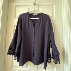 Chico’s Size 3 Top Flare Sleeve 3/4 Sleeve Eggplant (dewberry) Button Up - Picture 1 of 6