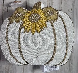 Fall Thanksgiving Pumpkin Beaded Sequined Throw Pillow Orange Brown White 10x11” - Picture 1 of 13