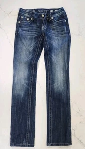 Miss Me Buckle Size 25 JE1044TX Rhinestones Dark Blue Straight Jeans  Whisker - Picture 1 of 15