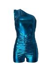 Turquoise Blue Ruched Metallic One Shoulder Romper UK 12 Ravewear Clubwear