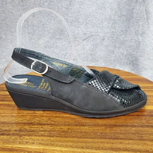 Spring Step Sandals Women's 8.5 39 Black Leather Slingback Wedge Peep Toe Shoes - Picture 1 of 10