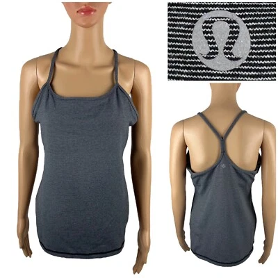 Camiseta sin mangas gris a rayas Lululemon 12 Power Y para mujer sujetador incorporado yoga usada en excelente estado Foto 1 de 4