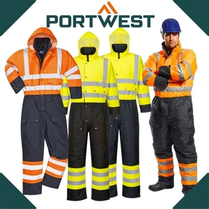 PORTWEST HI-VIS Contrast Coverall Overall Winter Lined Waterproof Hood Safety UK