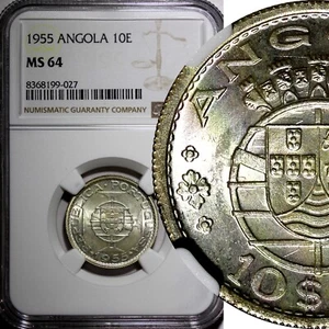 ANGOLA Portuguese Colony Silver 1955 10 Escudos NGC MS64 GEM BU  KM# 73 (027) - Picture 1 of 5