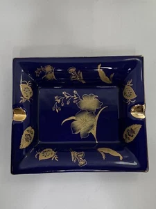 Cobalt Blue and Gold Floral Cigar Ashtray Rectangle Decorative 7.3/4 X 6.5 - Picture 1 of 5
