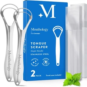 Mouthology Tongue Scraper Adults 2 Pack Reduce Bad Breath Metal Tongue Scraper - Picture 1 of 8