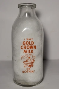 1962 Vintage GOLD CROWN DAIRY MILK BOTTLE QUART INGLEWOOD CALIFORNIA BABY CRYING - Picture 1 of 14