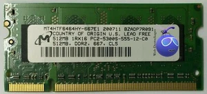 Micron module mémoire SODIMM PC2 MT4HTF6464HY 512MO DDR-667MHz-CL5 - Imagen 1 de 2