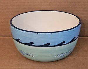 KIC Brushes Handpainted Fish Ocean Waves Sea 10" Extra Large Salad Serving Bowl - Picture 1 of 9