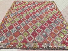 Antique Turkish Kilim, Embroidery Wool Large Rug Green Red Color Carpet 85"x102"