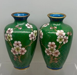 Cloisonné Green & Pink Enamel Vases Cherry Blossoms Green GR8 4  EASTER SPRING - Picture 1 of 6