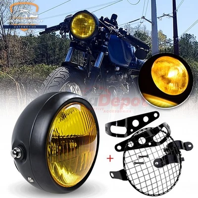 6.5" Retro Motorcycle Yellow Headlight + Grill + Fork Mount Brackets Cafe Racer - Image 1 of 4