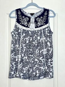 Top de cachemira New Directions sin mangas azul marino y blanco talla M cuello atado con borlas - Imagen 1 de 6