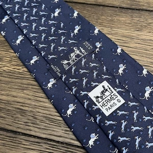 HERMES Men's Tie 5564 MA Lion Deer Animal Pattern Blue Silk Made in France 60.5" - Picture 1 of 5