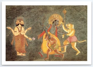 Postal de arte indio vintage Vishnu mata a Madhu y Kaitabha siglo XIX - Imagen 1 de 2