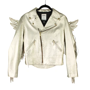 Adidas JEREMY SCOTT GOLD LEATHER BIKER JACKET WITH WINGS Size Small EUC Fringe - Picture 1 of 18