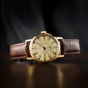 Men's Aviation PILOT Wristwatch "3IM" Brown Leather Strap 34mm CASE (GIFT SET) - Picture 1 of 7