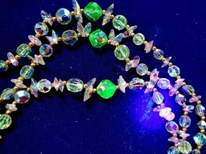 Uranium Vaseline Glass 3 Strand Necklace - Lt Green & Clear Faceted Beads - Picture 1 of 7