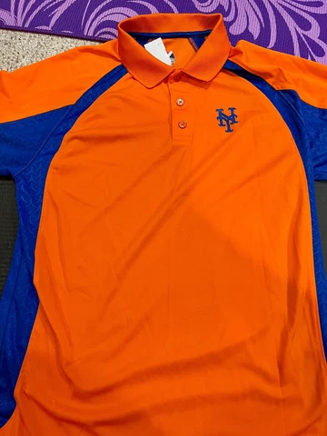 New York Mets Majestic MLB Baseball Mens Large Polo Shirt Orange & Blue NWOT Cover