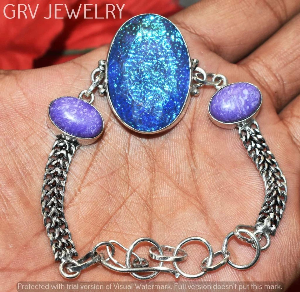 Pulseira Charoite Opala Fogo Prata 925 Sobreposição Tamanho 7-8" U267B-152 - Imagem 1 de 1
