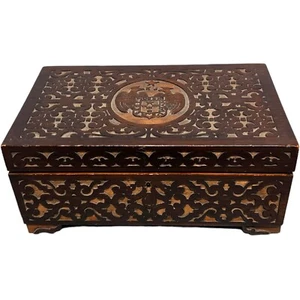 Folk Art Fretwork Wooden Box Hand Carved Armorial Crest FJ Double Eagle Desktop - Picture 1 of 11