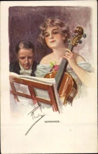 WOMAN PLAYING CELLO, Artist Postcard “Serenade”; Publ. B.K.W.I. 219-2; Mint - Picture 1 of 2