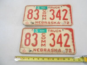 RARE 1972 SET PAIR 2 NEBRASKA RAISED LETTER LICENSE PLATE 83 342 COMM TRUCK - Picture 1 of 4