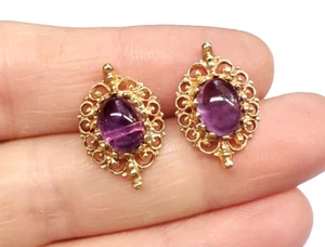Vintage 14k Gold Amethyst Edelstein Mid Century Filigran Schmuck Ohrstecker - Bild 1 von 8