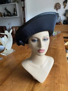VINTAGE 80S C&A BLACK HIGH BRIM SPECIAL OCCASION HAT WEDDING WAKE RIBBON FLOWER - Picture 1 of 20