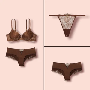 Victoria's Secret Very Sexy Lace Shimmer Push-Up Bra 2 Panty set Brown Many Size - Picture 1 of 41