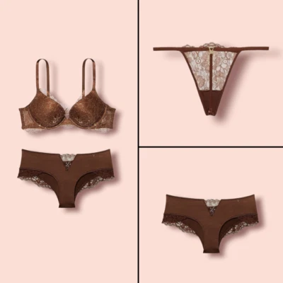 Victoria's Secret Muy Sexy Sujetador Push-Up de Encaje Brillante Conjunto de 2 Panty Marrón Muchas Tallas Foto 1 de 4