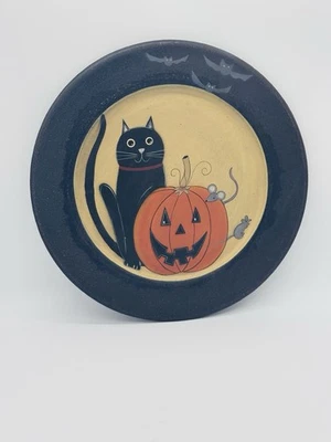 Donna White Cat & Jack Wood Plate Primitive Hand Painted Black Cat Halloween - Image 1 of 4