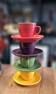 Guppiun Espresso Set X4 Multi Coloured Cups Saucers - Picture 1 of 5