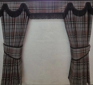 TRUCK CURTAINS, BLACKOUT, Brown Tartan Set, Universal Fit - Picture 1 of 5