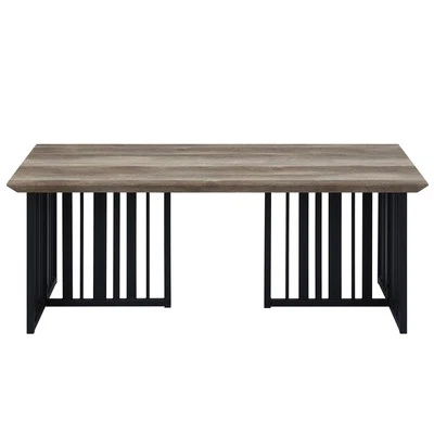 47" Oak and Black Wood And Metal Distressed Frame Coffee Table - Image 1 of 4