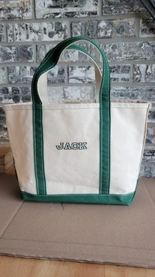 LL Bean Boat and Tote Canvas Bag USA  Ivory & Green Embroidered JACK - Image 1 of 4