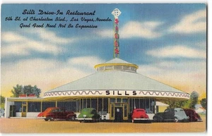 Roadside SILL'S Drive-In Restaurant LAS VEGAS Diner años 40 lino postal vintage - Imagen 1 de 2