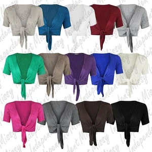 Womens Shrug Crop Bolero Ladies Girls Short Sleeve Tie Up Front Cardigan 8-22 - Picture 1 of 24