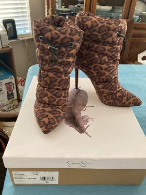 Jessica Simpson Stiletto Plush Ankle Boots Brown Leopard Print Size 7 1/2. NEW! - Image 1 of 4