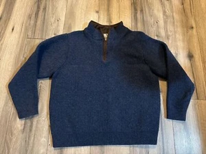 L.L. Bean Boys Wool Quarter-Zip Pullover Sweater Navy Blue Brown Trim  X Large S - Picture 1 of 6