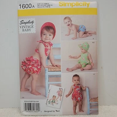 SIMPLICITY PATTERN 1600 VINTAGE BABY ROMPER OUTFITS SIZES XXS-L UNCUT NEW - Image 1 of 4